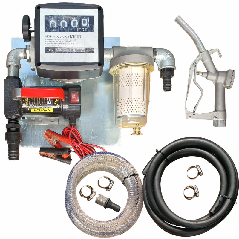 40lt - 12v Diesel pump kit with transparent dirt filter - Fully assembled on wall-mount plate