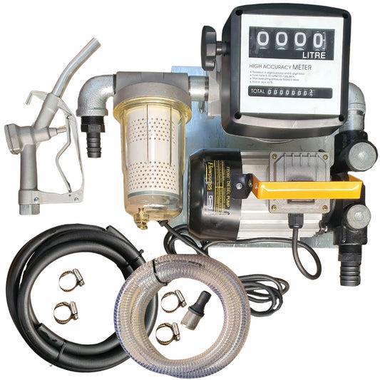 60lt - 220v Diesel pump kit with transparent dirt filter - Fully assembled on wall-mount plate