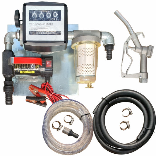40lt - 12v Diesel pump kit with transparent dirt filter - Fully assembled on wall-mount plate