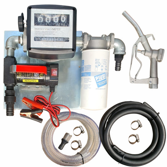 40lt -  12v Diesel pump kit with water absorbent filter - Fully assembled on wall-mount plate