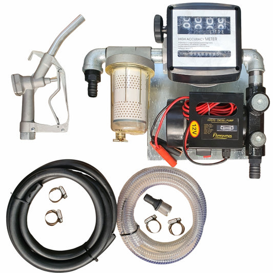 70lt  - 12v Diesel pump kit  with transparent dirt filter - Fully assembled on wall-mount plate