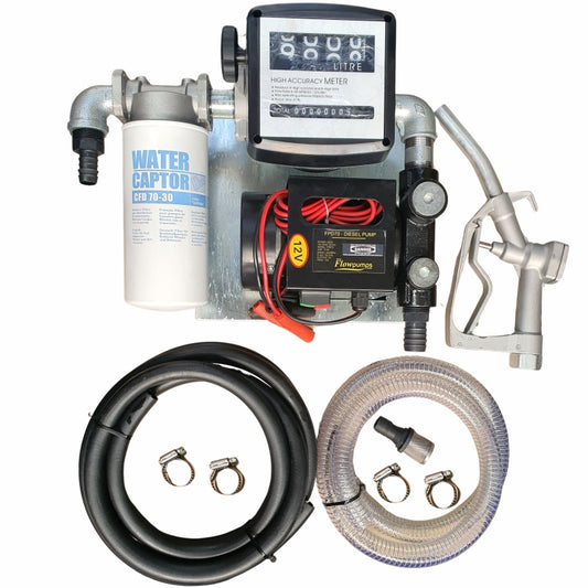 70lt -  12v Diesel pump kit with water absorbent filter - Fully assembled on wall-mount plate
